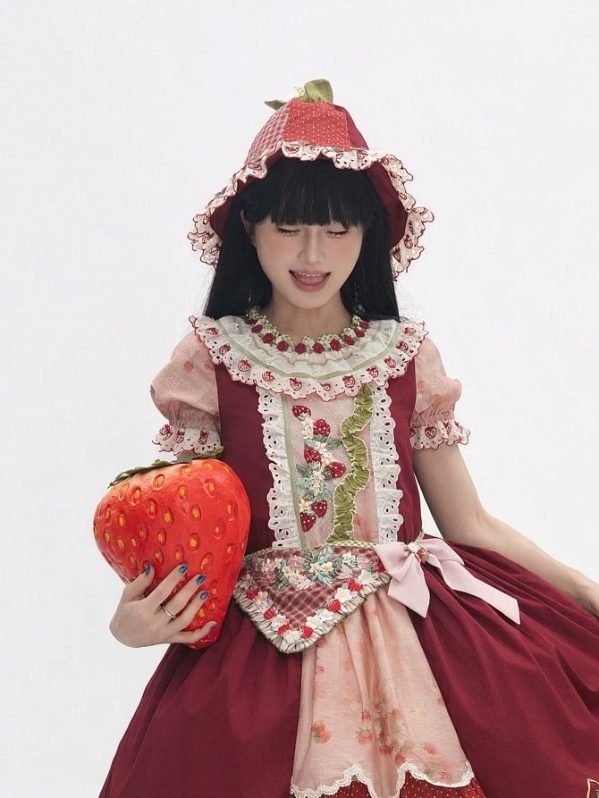 Wine Red Strawberry Hat with Plaid & Polka Dots - Unfinished Fairy Tales