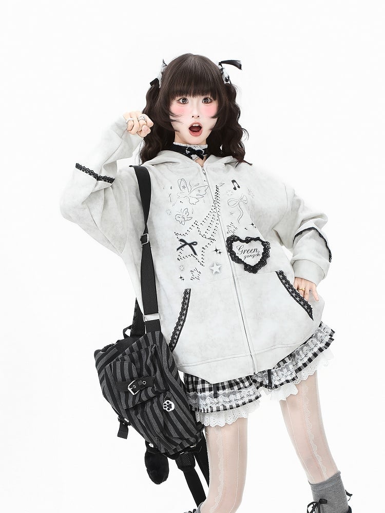 Ear with Gray/Pink Bunny Bow Regular/Thicken Lace-Trimmed Blue/Light Hoodie Accents