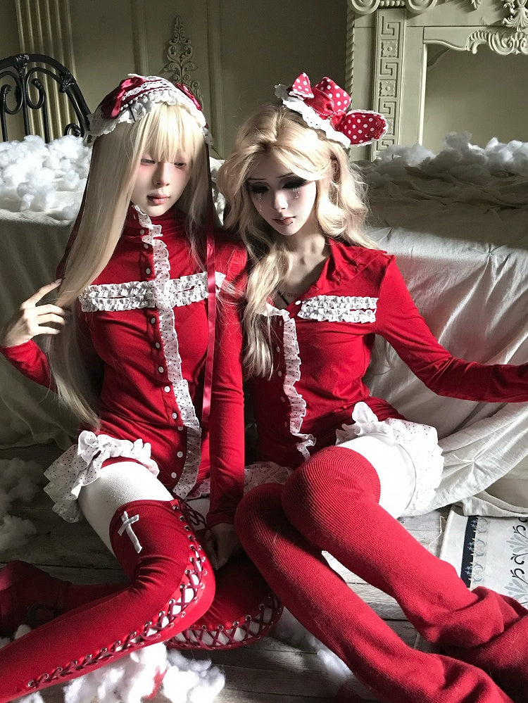 Front Polka Ruffled White Sleeves Red Gothic High-Neck - Top Christmas Cross Dot Button Long