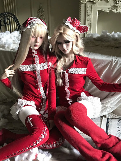 Front Polka Ruffled White Sleeves Red Gothic High-Neck - Top Christmas Cross Dot Button Long