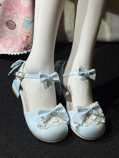 Chic Blue Bow Lace-Trimmed Round-Toe Low Heels - Fairy Godmother