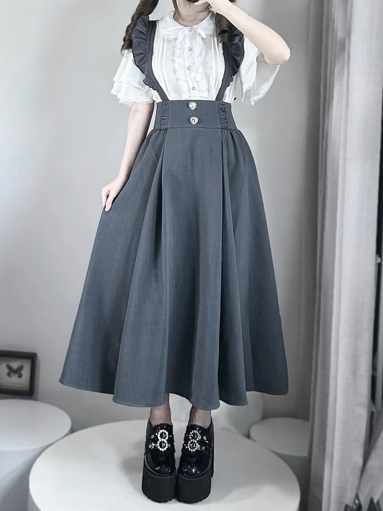 Short Bead Peter SleevesRuffled Jirai Collar Kei Blouse:Tiered Button Pan White Placket