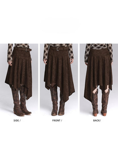 Coffee Belt Hem with Fashion A-Line Midi Skirt Suede Asymmetrical Maillard Handkerchief Matching