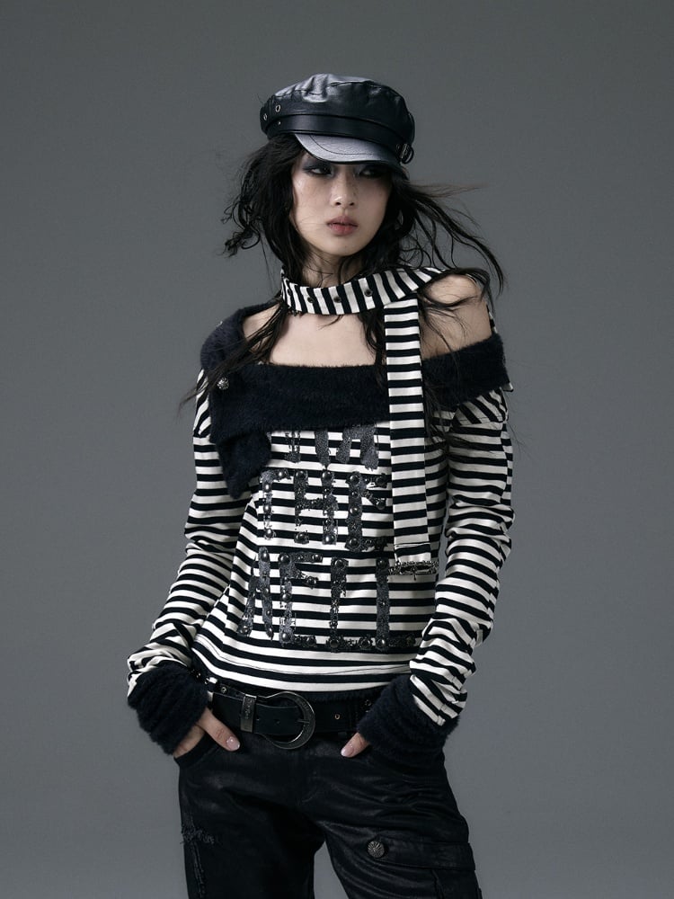 Rot-weiß gestreiftes Buchstaben-Top mit abnehmbarem Plüschkragen