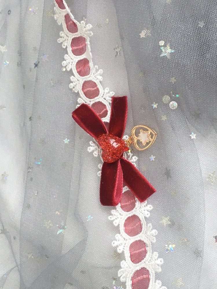 Wine Red/White Lolita Sweet Star-Heart Choker Lace Pendant
