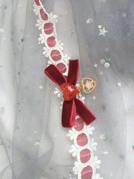 Wine Red/White Lolita Sweet Star-Heart Choker Lace Pendant