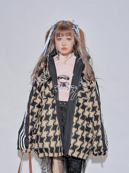 Reversible Black&Yellow Houndstooth Banded Collar Letter Jacket