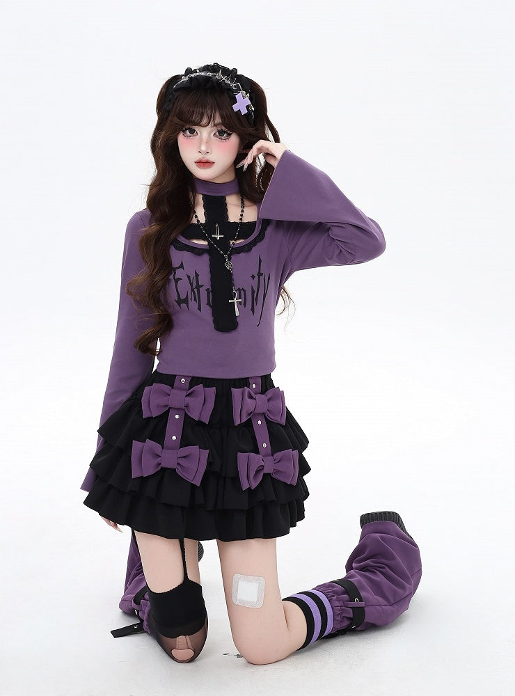 パープルの裏地付きレッグウォーマー、ティアードスカート、クロスボウノットストラップ付き、ブラック