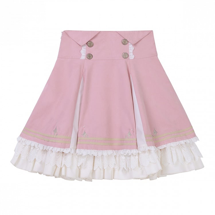 Buttons Gold-Tone Lace Trim Skirt Pink with and Waist High Lolita