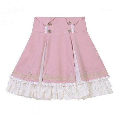 Buttons Gold-Tone Lace Trim Skirt Pink with and Waist High Lolita