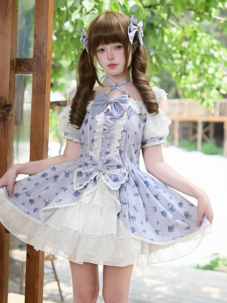 Haarspangen mit Herz-Strass und hellvioletter Hortensie-Print und Schleife