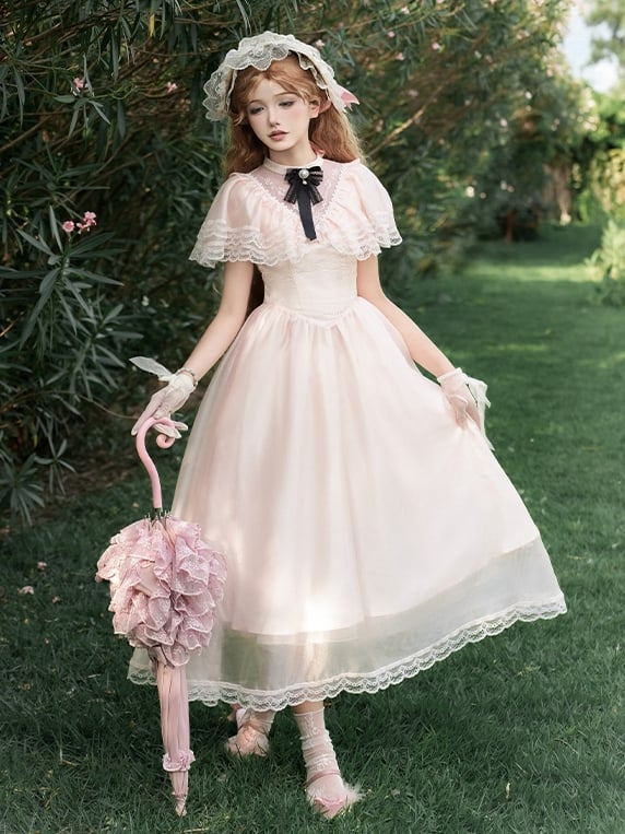 Lolita Stück Elegantes Illusionshals-Taillenkleid Baskenrosa Ein Edward-Ausschnitt