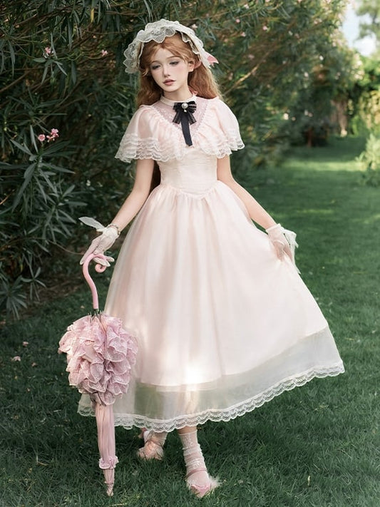 Lolita Stück Elegantes Illusionshals-Taillenkleid Baskenrosa Ein Edward-Ausschnitt