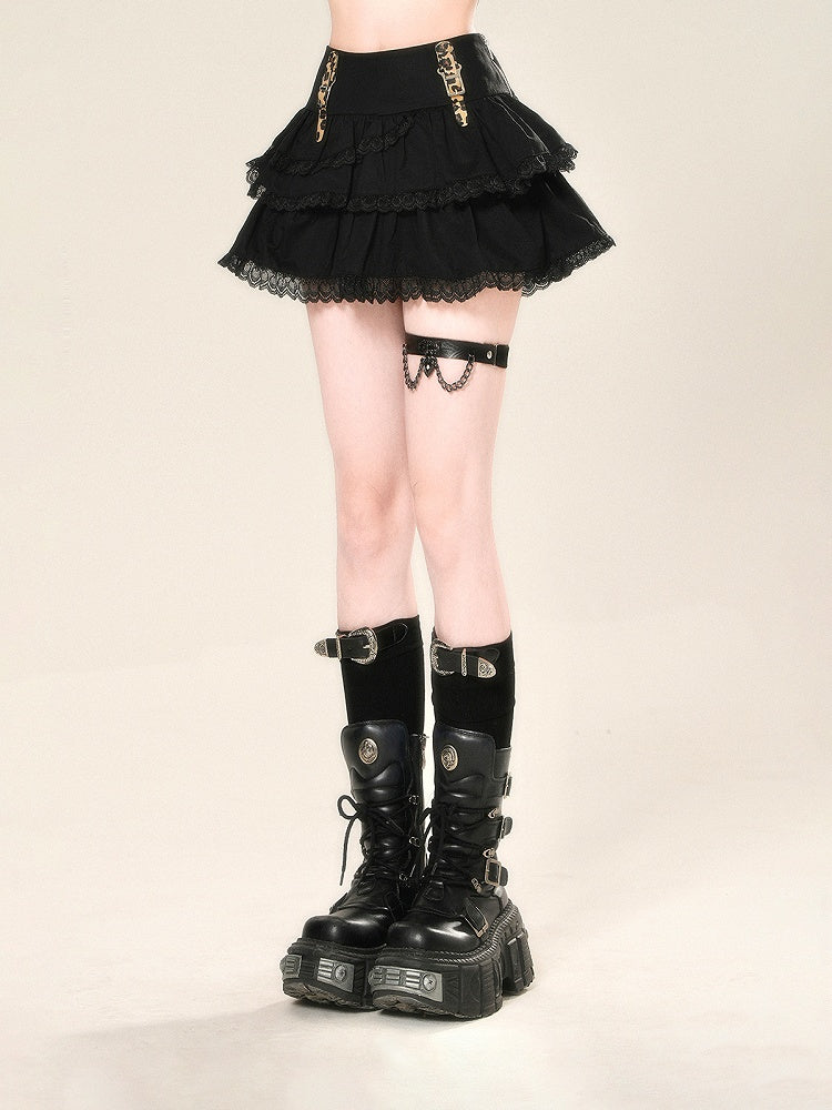 Buckle Glamorous Black Lace Straps Trim Tiered Skirt Leopard