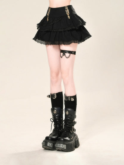 Buckle Glamorous Black Lace Straps Trim Tiered Skirt Leopard