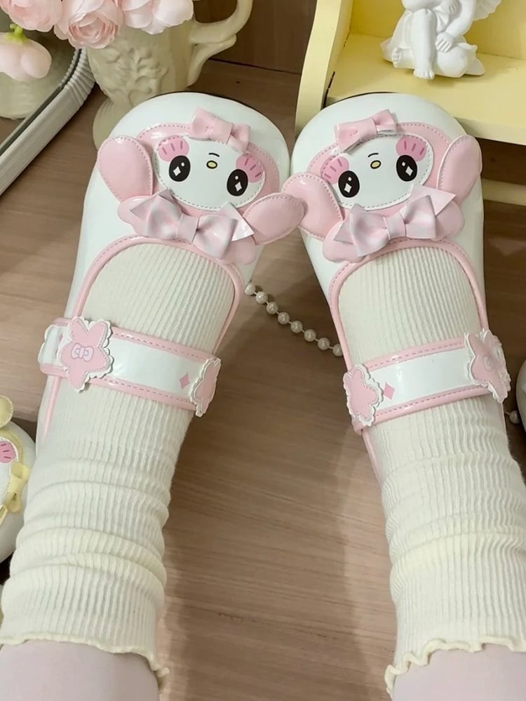 Lolita Bow Decor Toe Round - Flower Mary Accents Janes Sweet with Bunny Velcro Pink Theme