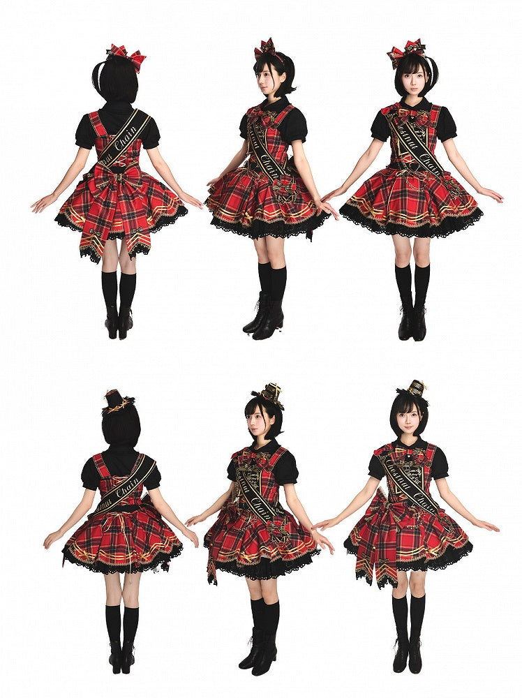 Red Idol Lolita Plaid JSK Dress with Golden Bear Embroidery and Black Scalloped Hem - LiLi Chain