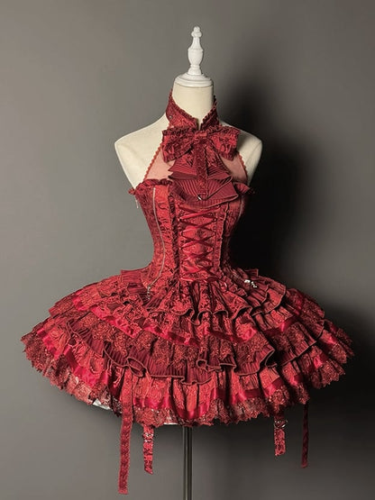 Ruffles Red Strappy Tiered Heart Gothic Skirt Buckle Lolita