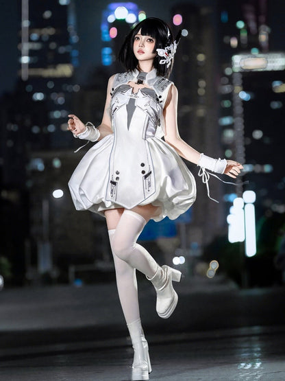 Cyberpunk White Bubble Dress and Cropped Vest Set - Xiong Dou Jiang