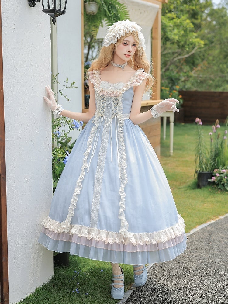 Blue Long Version Flounce Hem Lolita JSK Dress + Choker + Hairband Set - With PUJI