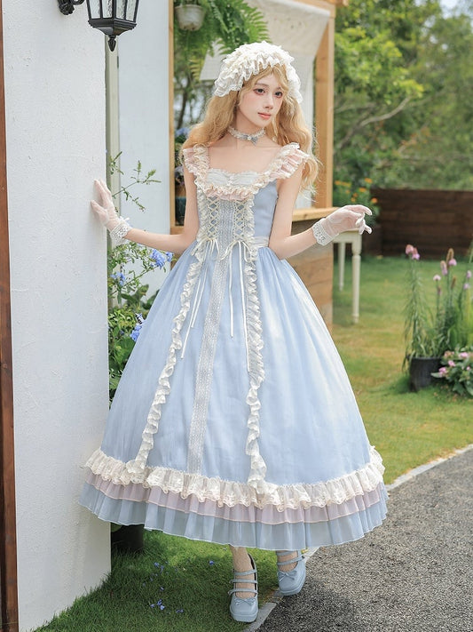 Blue Long Version Flounce Hem Lolita JSK Dress + Choker + Hairband Set - With PUJI