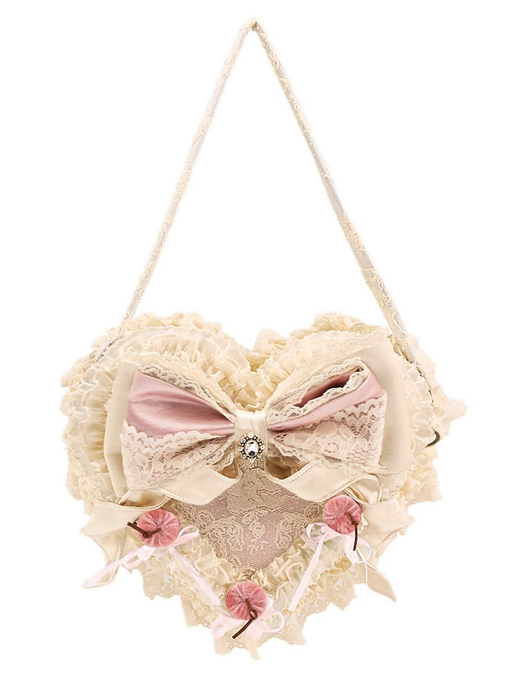 Heart Shaped Handbag with Lace, Bows & Cherry Details in Blue or Pink - Blood Supply
