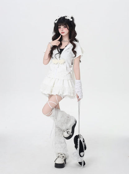 White Print Bunny Ears and Design Hood Allover Wings Star Angel