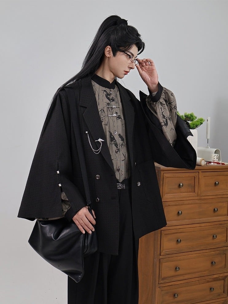 Chinese Placket Cuff Blazer Sleeve Style Black Button in Vents Breasted Double