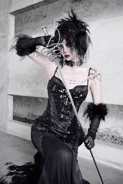 Black Sleeveless Print Stitching Slim Gothic Jsk Dress
