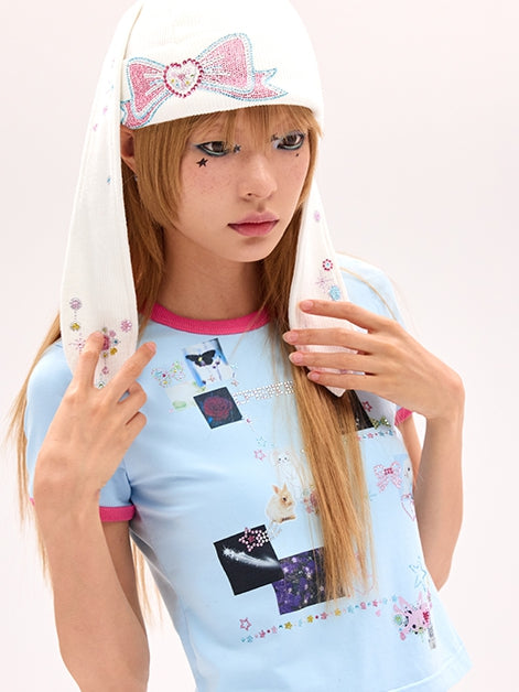 Y2K White Hat Design Rhinestone Bow Bunny Ear