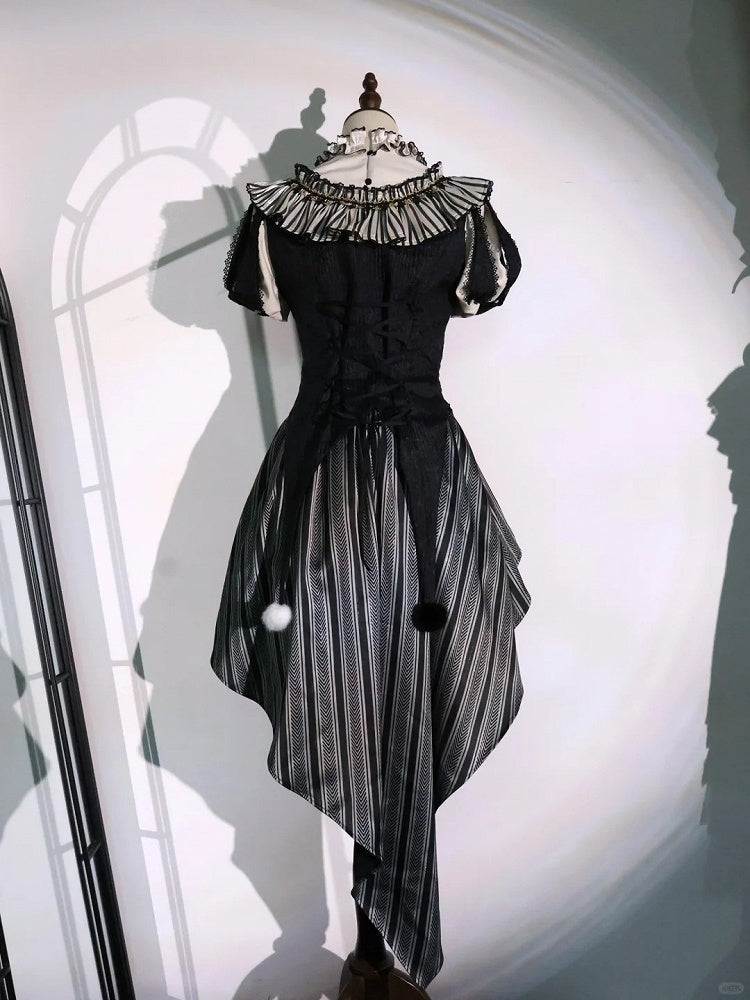 Sweet Accessories Top Skirt Clown Vibes White Sleeves Hi-lo and + Set- Black Puff Circus Full Lolita
