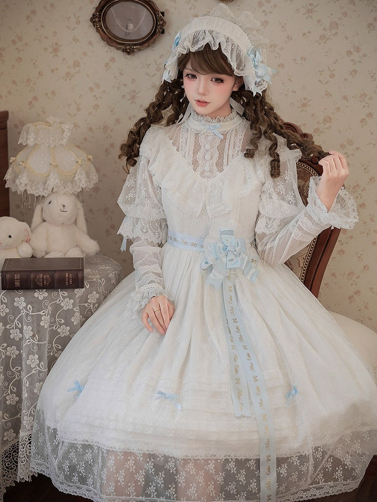 Blue and White Lolita OP Gown with Edward Collar, Sheer Lace and Ribbon Trims - Miss Cube Dressworks