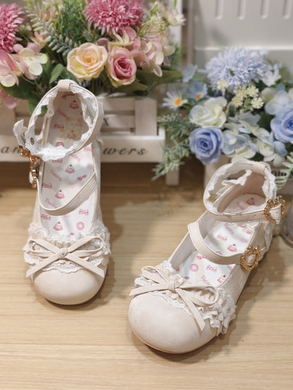 Sweet Snap Heart Bow with Closure Janes Mary PU Beige - Knotted Lace Lolita Trim