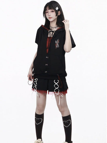 Sporty Kawaii Black & Red Mini Skirt with Lace-Up Details - PINK SAVIOR