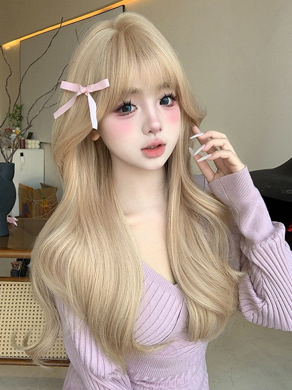 Wig Bangs Length Blonde Air With 60CM Wavy