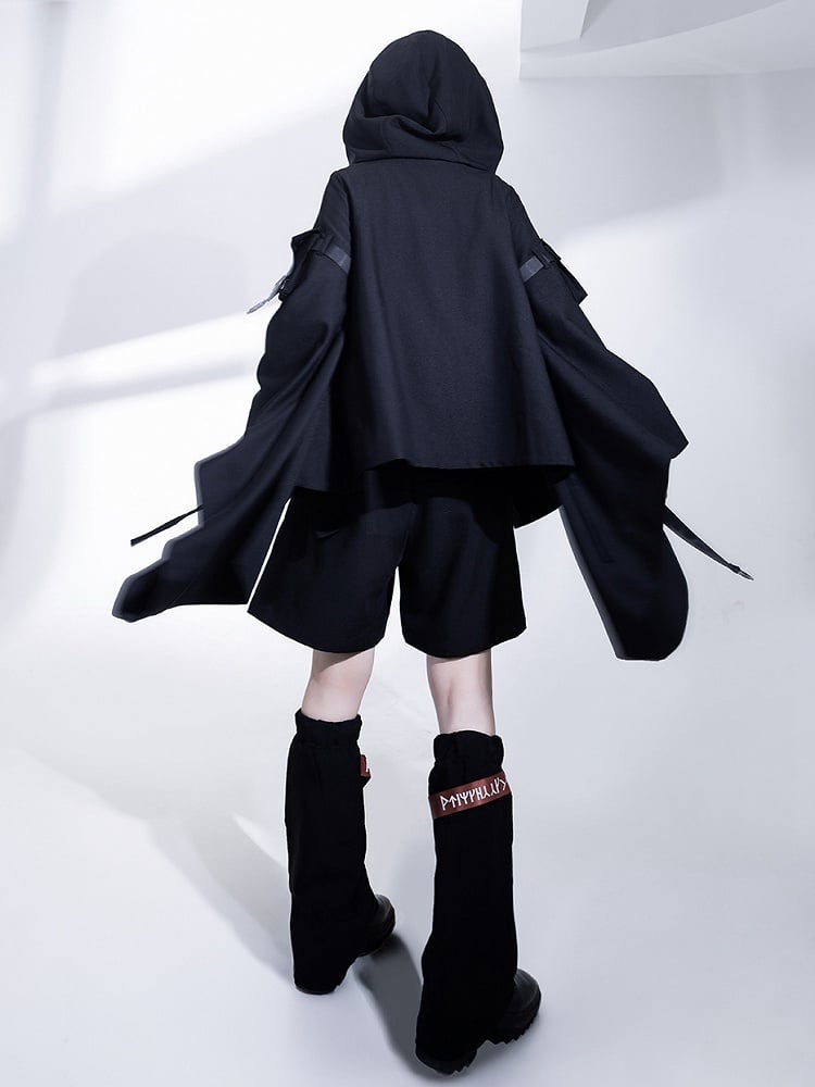 バックルフード付きロリータテックウェア王子ストラップジャケット ブラック