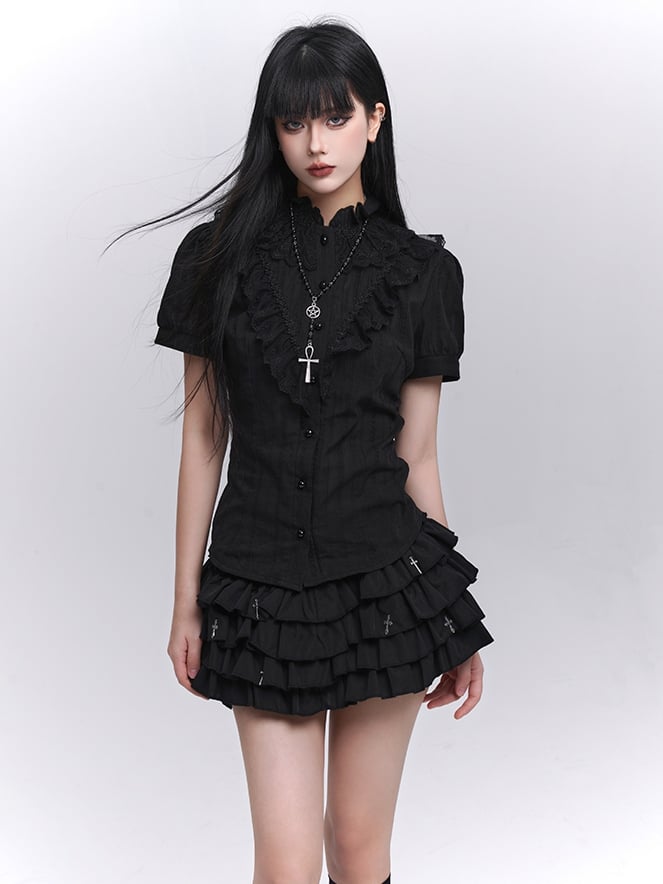 Black Lace Trim Short Sleeves Gothic Blouse