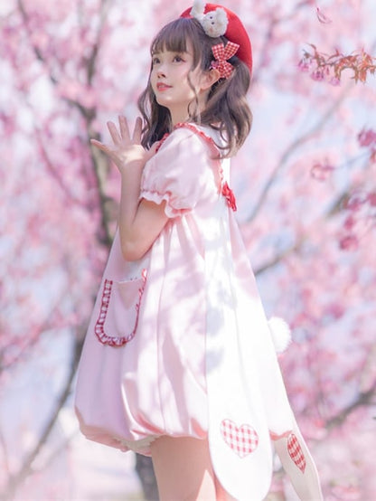 ライトピンクのウサギ耳ピーターパンカラーバブルスカートドレス