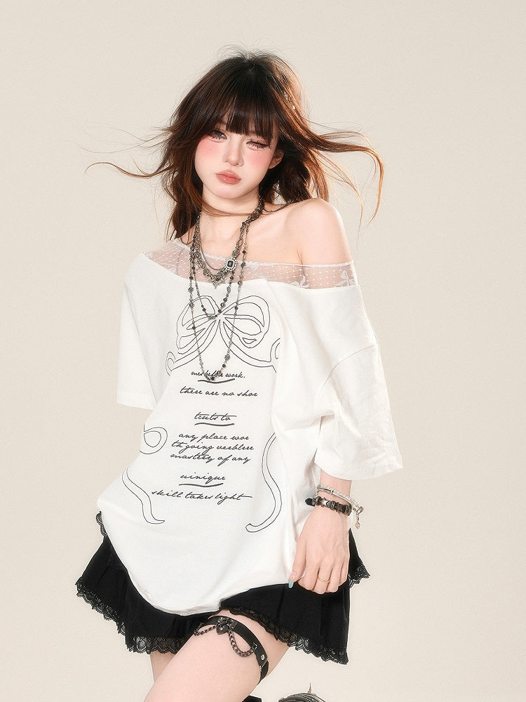 Bow Print Loose White Asymmetrical Neckline Lace T-Shirt Patches Neckline
