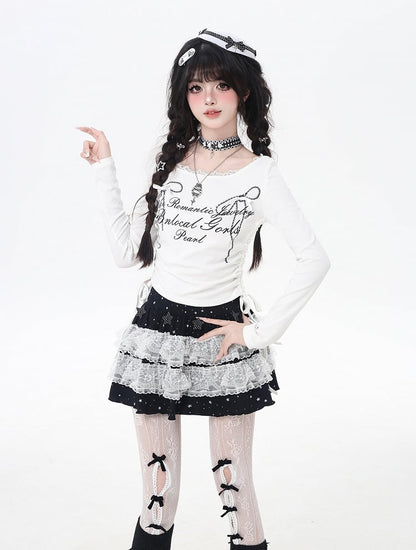 リボンプリントレースのスイートトップトリム、ドローストリングウエスト、ホワイト/ブラック