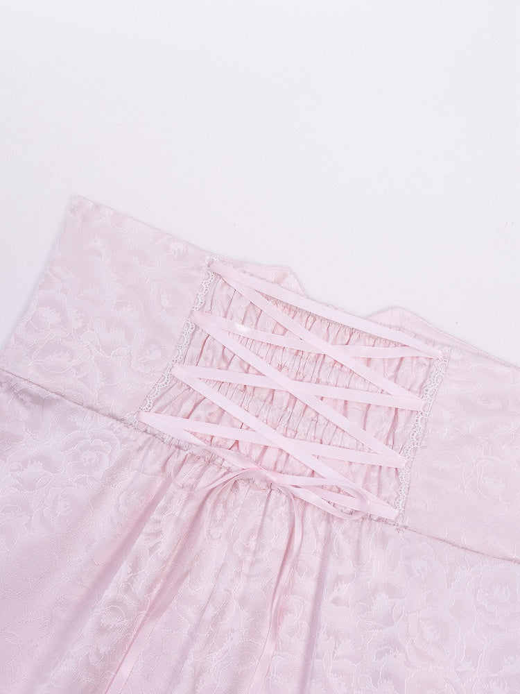Cherry Blossom Print High-Rise Trousers in Sakura Pink - DevilInspired Exclusive Collection
