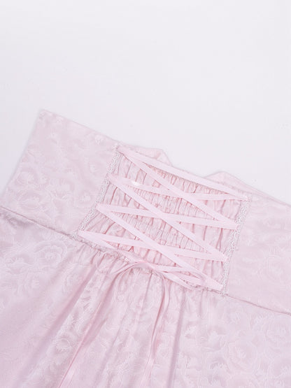 Cherry Blossom Print High-Rise Trousers in Sakura Pink - DevilInspired Exclusive Collection