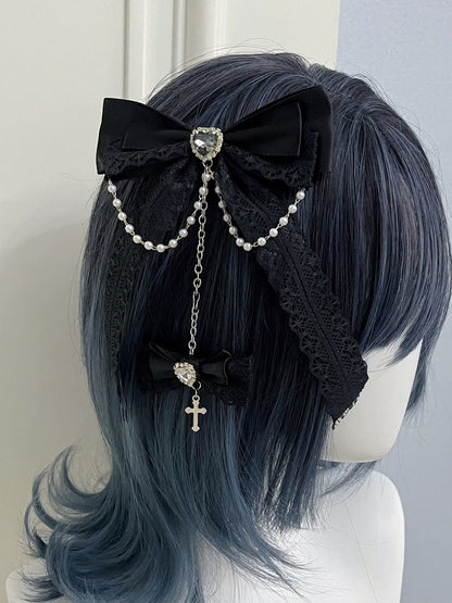Dual Color Bow Bead Chain Hair Clip with Cross - Magic Diary