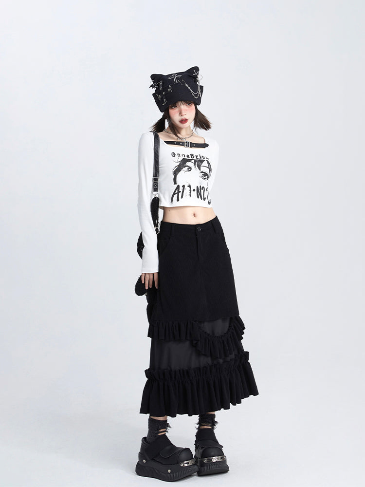 Corduroy Black Ruffle Elegant Hem with Deconstructed A-Line Skirt