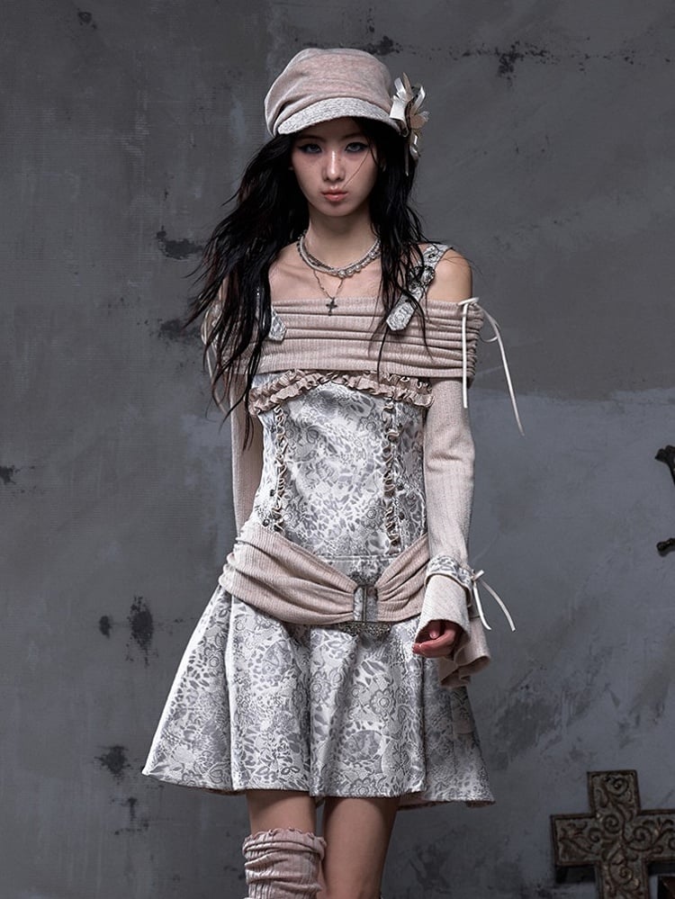 Off-Shoulder Dress Vintage Khaki Knit Punk A-Line with Belt Beige-gray PU Design