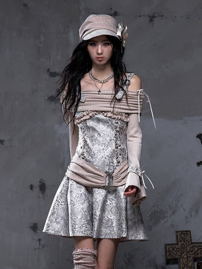 Off-Shoulder Dress Vintage Khaki Knit Punk A-Line with Belt Beige-gray PU Design