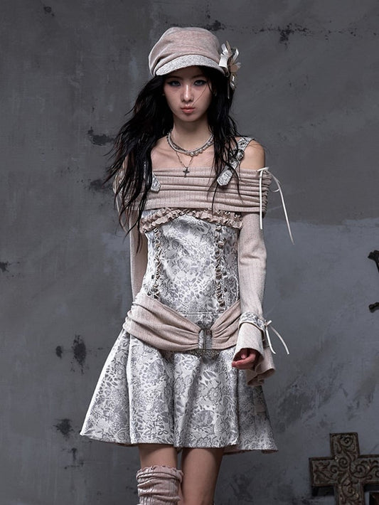 Off-Shoulder Dress Vintage Khaki Knit Punk A-Line with Belt Beige-gray PU Design