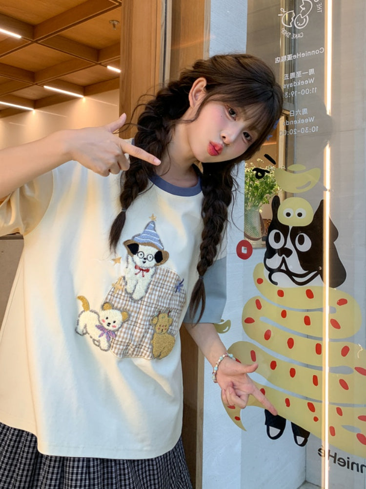 カラーブロックデザイン パピー刺繍Tシャツ オレンジブルー