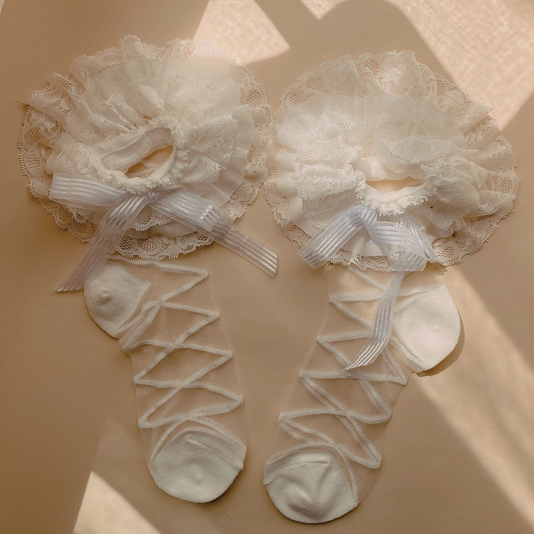 with Semi-Sheer Socks Pattern Multi-Layered Lace Lolita Decoration White Bow Strap