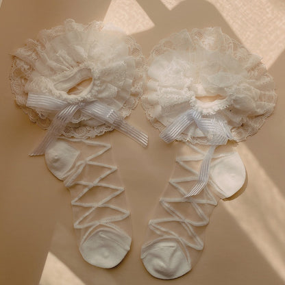 with Semi-Sheer Socks Pattern Multi-Layered Lace Lolita Decoration White Bow Strap